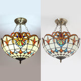 Victorian Designed Ceiling Fixture Tiffany Stylish Beige/Red/Orange/Brown/Blue/Purplish Blue Glass Semi Flush Ceiling Light for Study Room Clearhalo 'Ceiling Lights' 'Close To Ceiling Lights' 'Close to ceiling' 'Glass shade' 'Glass' 'Semi-flushmount' 'Tiffany close to ceiling' 'Tiffany' Lighting' 55049