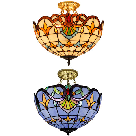 Victorian Designed Ceiling Fixture Tiffany Stylish Beige/Red/Orange/Brown/Blue/Purplish Blue Glass Semi Flush Ceiling Light for Study Room Clearhalo 'Ceiling Lights' 'Close To Ceiling Lights' 'Close to ceiling' 'Glass shade' 'Glass' 'Semi-flushmount' 'Tiffany close to ceiling' 'Tiffany' Lighting' 55054