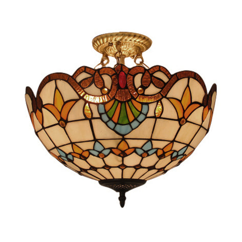 Victorian Designed Ceiling Fixture Tiffany Stylish Beige/Red/Orange/Brown/Blue/Purplish Blue Glass Semi Flush Ceiling Light for Study Room Clearhalo 'Ceiling Lights' 'Close To Ceiling Lights' 'Close to ceiling' 'Glass shade' 'Glass' 'Semi-flushmount' 'Tiffany close to ceiling' 'Tiffany' Lighting' 55056