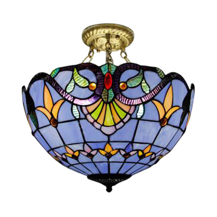 Victorian Designed Ceiling Fixture Tiffany Stylish Beige/Red/Orange/Brown/Blue/Purplish Blue Glass Semi Flush Ceiling Light for Study Room Purplish Blue Clearhalo 'Ceiling Lights' 'Close To Ceiling Lights' 'Close to ceiling' 'Glass shade' 'Glass' 'Semi-flushmount' 'Tiffany close to ceiling' 'Tiffany' Lighting' 55057