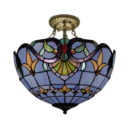 Victorian Designed Ceiling Fixture Tiffany Stylish Beige/Red/Orange/Brown/Blue/Purplish Blue Glass Semi Flush Ceiling Light for Study Room Clearhalo 'Ceiling Lights' 'Close To Ceiling Lights' 'Close to ceiling' 'Glass shade' 'Glass' 'Semi-flushmount' 'Tiffany close to ceiling' 'Tiffany' Lighting' 55058