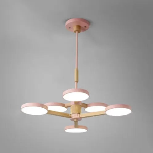 Nordic Macaron Colored Chandelier Round 2 Tier Wood & Acrylic Hanging Light 6 Pink Clearhalo 'Ceiling Lights' 'Chandeliers' Lighting' options 55219_499278da-b45e-4e97-b3c8-153391a8b46e
