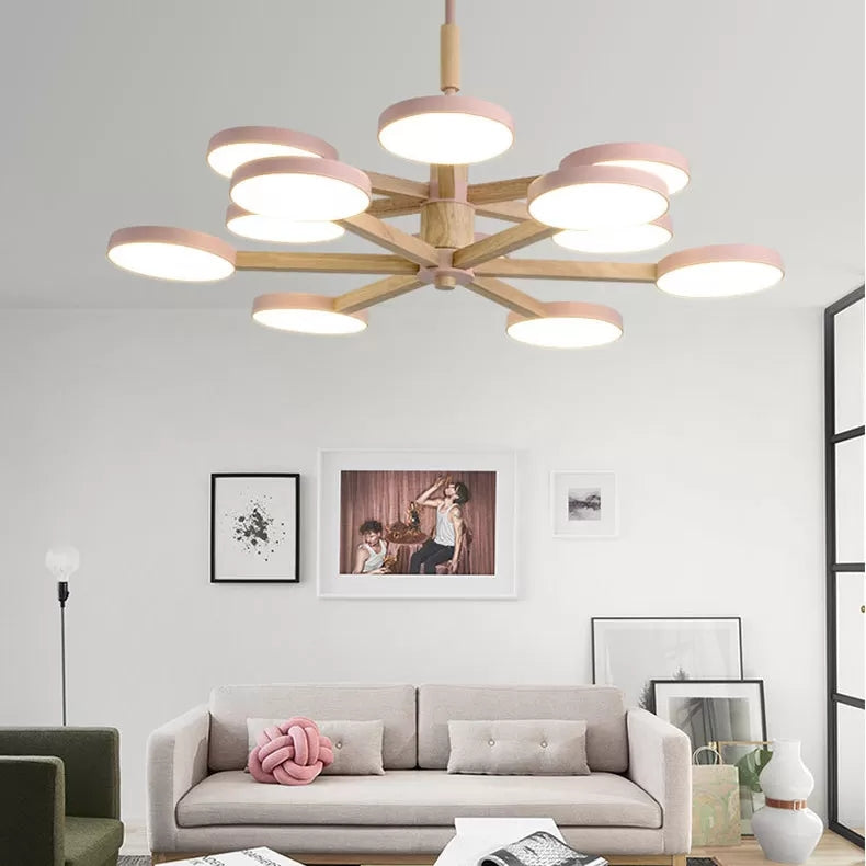 Nordic Macaron Colored Chandelier Round 2 Tier Wood & Acrylic Hanging Light Clearhalo 'Ceiling Lights' 'Chandeliers' Lighting' options 55222