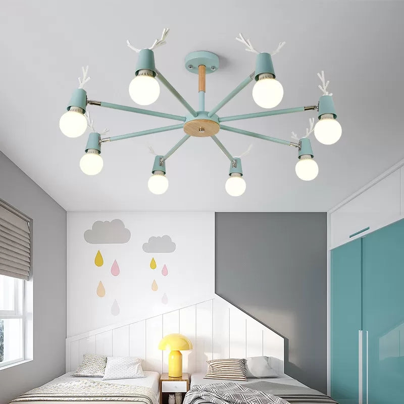 Sweet Cone Game Room Chandelier Metal 8 Lights Macaron Hanging Light with Antlers Blue Clearhalo 'Ceiling Lights' 'Chandeliers' Lighting' options 55273_57246cca-b7ea-4887-9d56-bec402094985