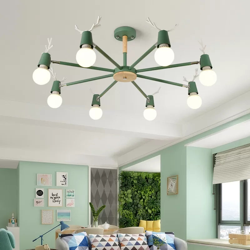 Sweet Cone Game Room Chandelier Metal 8 Lights Macaron Hanging Light with Antlers Green Clearhalo 'Ceiling Lights' 'Chandeliers' Lighting' options 55274_d0841d33-82cc-4a6c-b6eb-6260c2b60e9b