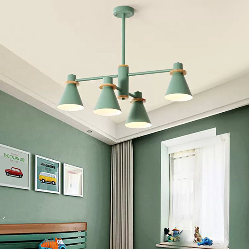 Macaron Stylish Conical Pendant Light Metallic Undertint Chandelier for Child Bedroom 4 Green Clearhalo 'Ceiling Lights' 'Chandeliers' Lighting' options 55304_952abaa2-659f-41de-b2cf-025f07ed4af8