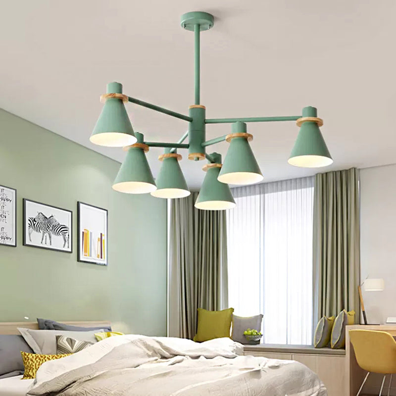 Macaron Stylish Conical Pendant Light Metallic Undertint Chandelier for Child Bedroom 6 Green Clearhalo 'Ceiling Lights' 'Chandeliers' Lighting' options 55305_7af81b4b-5fd2-4865-be1e-e1d368b57eae