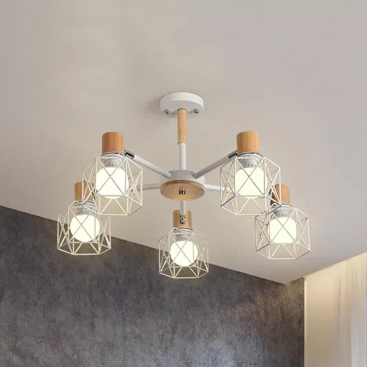 Wire Frame Hanging Light Modern Stylish Wood & Metal Chandelier for Villa Restaurant Clearhalo 'Ceiling Lights' 'Chandeliers' Lighting' options 55432
