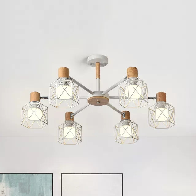 Wire Frame Hanging Light Modern Stylish Wood & Metal Chandelier for Villa Restaurant 6 White Clearhalo 'Ceiling Lights' 'Chandeliers' Lighting' options 55434_5b0e4411-d423-458d-8533-355cbcbde6f2