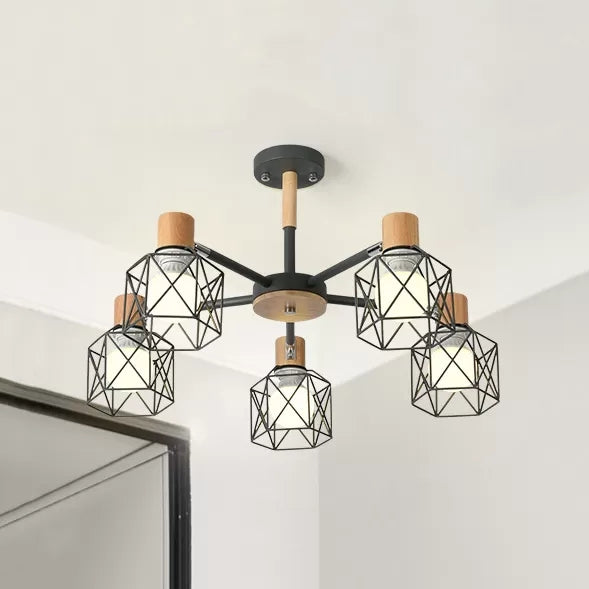 Wire Frame Hanging Light Modern Stylish Wood & Metal Chandelier for Villa Restaurant Clearhalo 'Ceiling Lights' 'Chandeliers' Lighting' options 55438