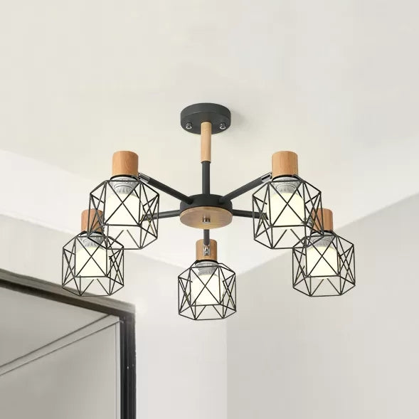 Wire Frame Hanging Light Modern Stylish Wood & Metal Chandelier for Villa Restaurant 5 Grey Clearhalo 'Ceiling Lights' 'Chandeliers' Lighting' options 55438_cc8bffa3-5e35-4e2b-9779-a76850158314