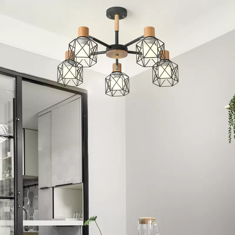 Wire Frame Hanging Light Modern Stylish Wood & Metal Chandelier for Villa Restaurant Clearhalo 'Ceiling Lights' 'Chandeliers' Lighting' options 55439