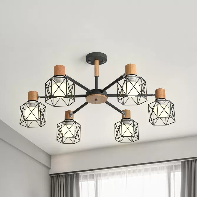 Wire Frame Hanging Light Modern Stylish Wood & Metal Chandelier for Villa Restaurant Clearhalo 'Ceiling Lights' 'Chandeliers' Lighting' options 55440