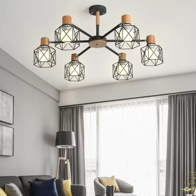 Wire Frame Hanging Light Modern Stylish Wood & Metal Chandelier for Villa Restaurant Clearhalo 'Ceiling Lights' 'Chandeliers' Lighting' options 55441