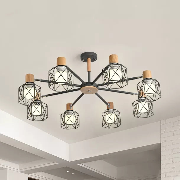 Wire Frame Hanging Light Modern Stylish Wood & Metal Chandelier for Villa Restaurant 8 Grey Clearhalo 'Ceiling Lights' 'Chandeliers' Lighting' options 55442_807a2af3-c766-4937-8728-43bbabc22baf