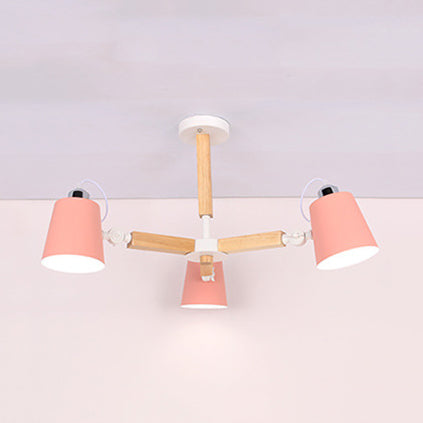Nordic Style Undertint Chandelier Bucket Shade Metal & Wood Hanging Light for Kid Bedroom 3 Pink Clearhalo 'Ceiling Lights' 'Chandeliers' Lighting' options 55544_d70e7353-3f93-4554-92b7-4b2b27eca111
