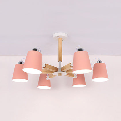 Nordic Style Undertint Chandelier Bucket Shade Metal & Wood Hanging Light for Kid Bedroom Clearhalo 'Ceiling Lights' 'Chandeliers' Lighting' options 55545