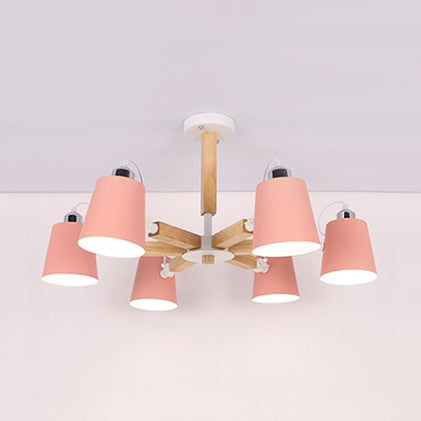 Nordic Style Undertint Chandelier Bucket Shade Metal & Wood Hanging Light for Kid Bedroom 6 Pink Clearhalo 'Ceiling Lights' 'Chandeliers' Lighting' options 55545_c1261630-fd01-464d-bc27-040726f5d724