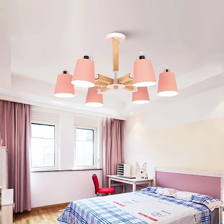 Nordic Style Undertint Chandelier Bucket Shade Metal & Wood Hanging Light for Kid Bedroom Clearhalo 'Ceiling Lights' 'Chandeliers' Lighting' options 55546