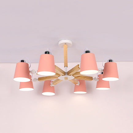 Nordic Style Undertint Chandelier Bucket Shade Metal & Wood Hanging Light for Kid Bedroom 8 Pink Clearhalo 'Ceiling Lights' 'Chandeliers' Lighting' options 55547_11f1ad57-c7bf-4a71-9f33-df1191309fd7