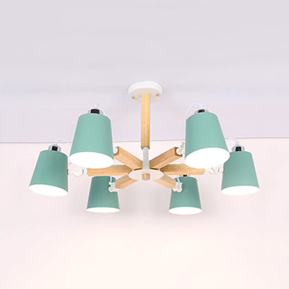 Nordic Style Undertint Chandelier Bucket Shade Metal & Wood Hanging Light for Kid Bedroom 6 Green Clearhalo 'Ceiling Lights' 'Chandeliers' Lighting' options 55549_6de515e3-9bec-4382-af13-a646e844eead