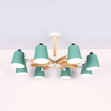 Nordic Style Undertint Chandelier Bucket Shade Metal & Wood Hanging Light for Kid Bedroom 8 Green Clearhalo 'Ceiling Lights' 'Chandeliers' Lighting' options 55550_80976f61-d870-46df-b81f-574017d7ba29