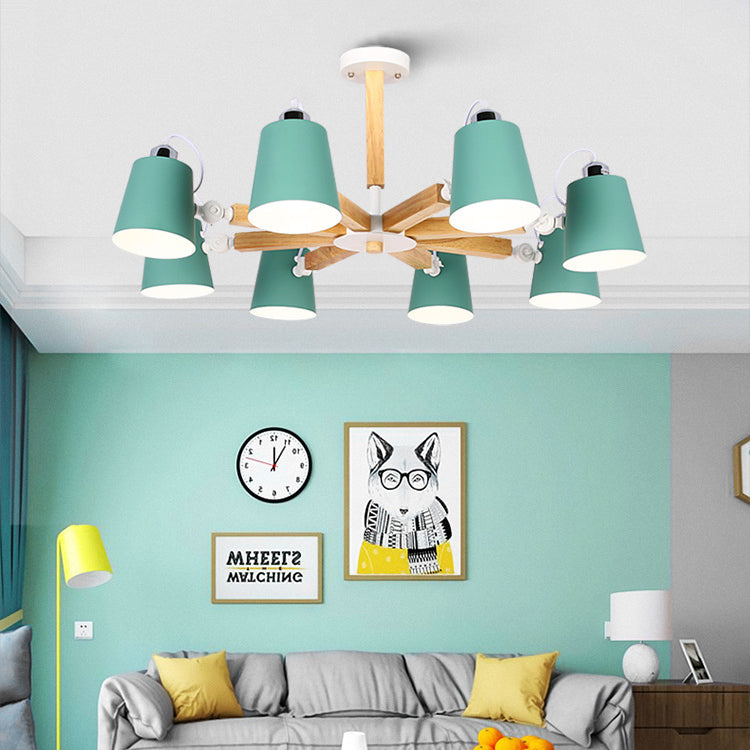 Nordic Style Undertint Chandelier Bucket Shade Metal & Wood Hanging Light for Kid Bedroom Clearhalo 'Ceiling Lights' 'Chandeliers' Lighting' options 55551