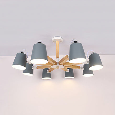 Nordic Style Undertint Chandelier Bucket Shade Metal & Wood Hanging Light for Kid Bedroom 8 Grey Clearhalo 'Ceiling Lights' 'Chandeliers' Lighting' options 55555_c443c0f8-7a50-437a-be5d-7ccf20f2c74e