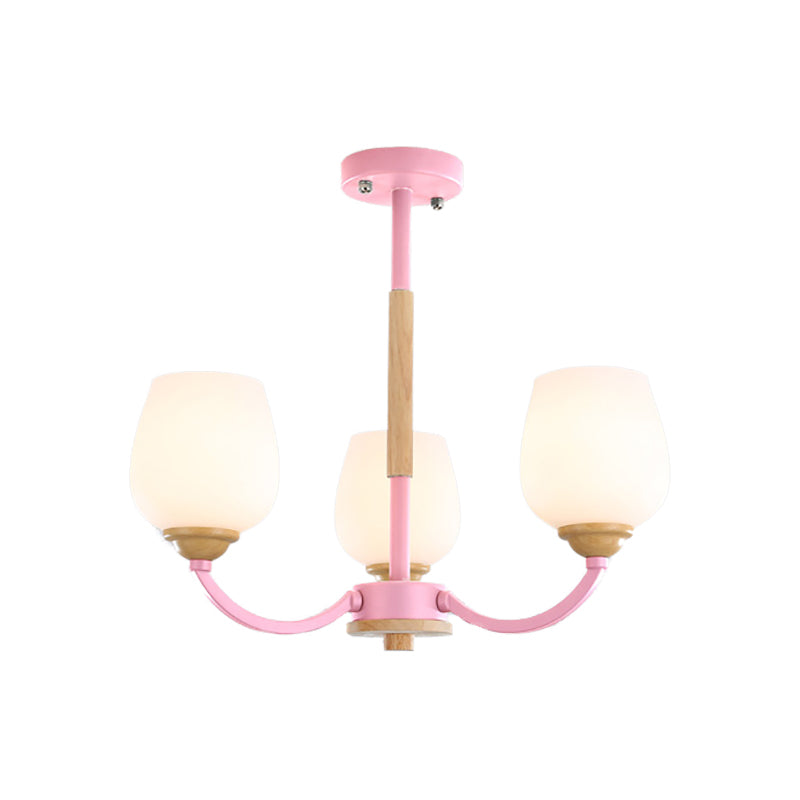 Candy Colored Bud Shade Chandelier Macaron Style Milk Glass & Metal Hanging Light 3 Pink Clearhalo 'Ceiling Lights' 'Chandeliers' Lighting' options 55711_dfafa915-cc36-4bb2-90f0-ef81e0373feb