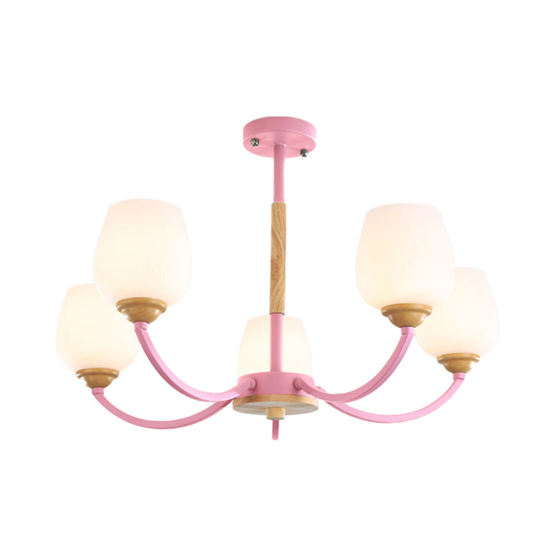 Candy Colored Bud Shade Chandelier Macaron Style Milk Glass & Metal Hanging Light 5 Pink Clearhalo 'Ceiling Lights' 'Chandeliers' Lighting' options 55712_a8d9dd54-0134-44fe-b11f-a2963fc008fe