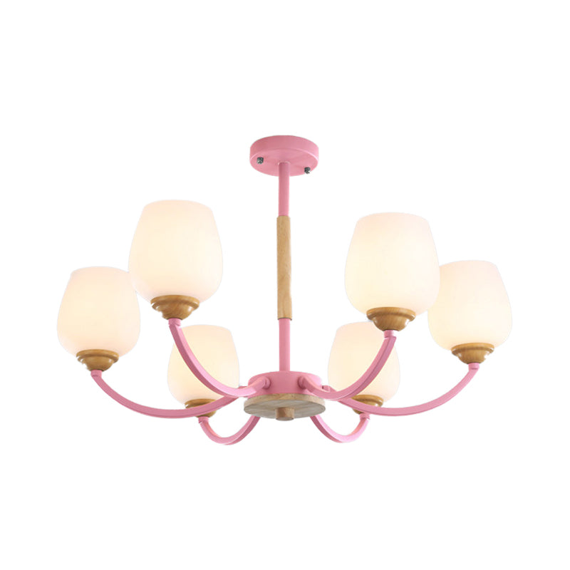 Candy Colored Bud Shade Chandelier Macaron Style Milk Glass & Metal Hanging Light 6 Pink Clearhalo 'Ceiling Lights' 'Chandeliers' Lighting' options 55713_5f4bd5a9-0568-40d5-9b77-ca280e12aaca