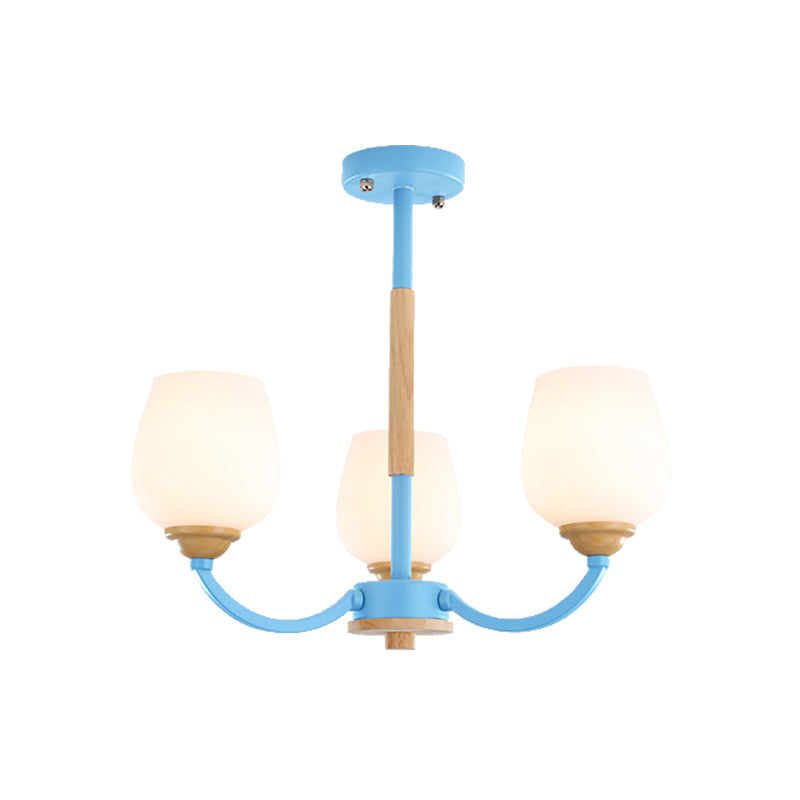 Candy Colored Bud Shade Chandelier Macaron Style Milk Glass & Metal Hanging Light 3 Blue Clearhalo 'Ceiling Lights' 'Chandeliers' Lighting' options 55714_be130db3-be62-474b-b2d4-863b4b6e2a0f