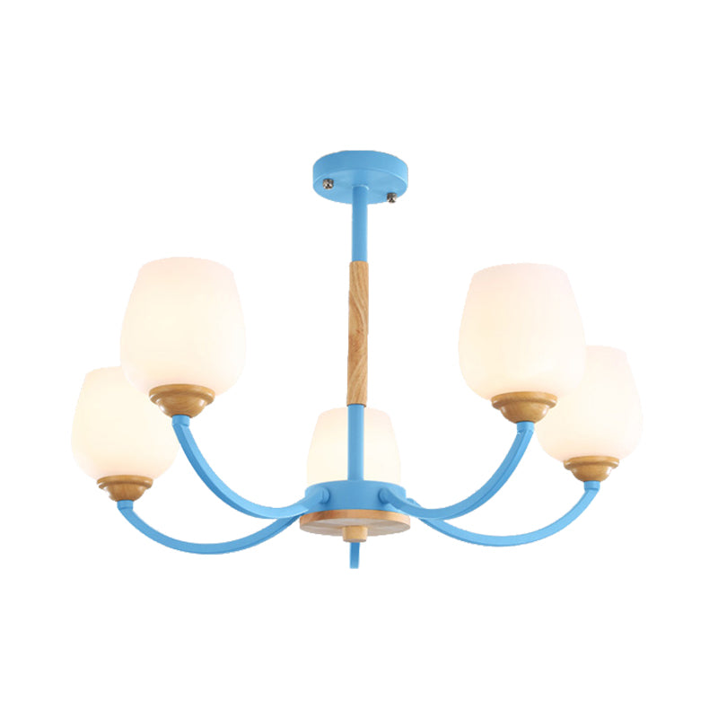 Candy Colored Bud Shade Chandelier Macaron Style Milk Glass & Metal Hanging Light 5 Blue Clearhalo 'Ceiling Lights' 'Chandeliers' Lighting' options 55715_f4a8ddf3-5116-4b75-91c8-4e0a9c5947ba