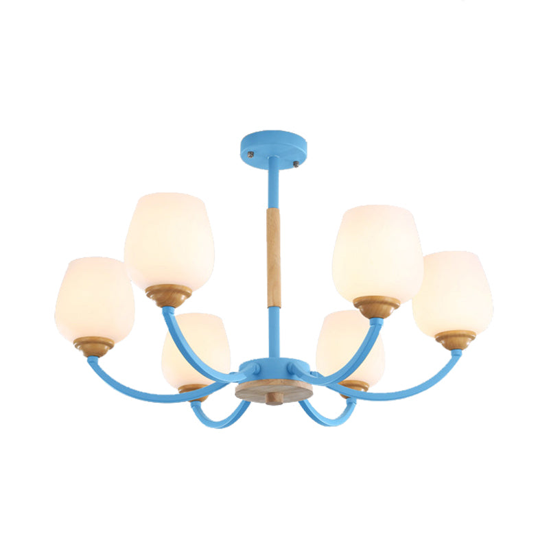 Candy Colored Bud Shade Chandelier Macaron Style Milk Glass & Metal Hanging Light 6 Blue Clearhalo 'Ceiling Lights' 'Chandeliers' Lighting' options 55716_5dc7ad07-74fd-49a3-b8c3-5166a844312e