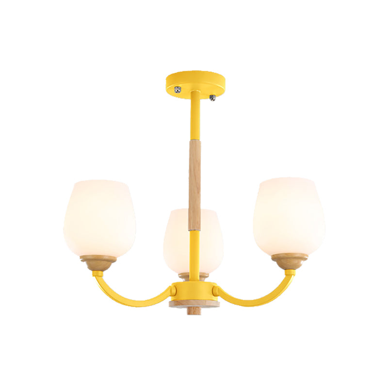 Candy Colored Bud Shade Chandelier Macaron Style Milk Glass & Metal Hanging Light 3 Yellow Clearhalo 'Ceiling Lights' 'Chandeliers' Lighting' options 55717_f85e79f6-d182-4b12-bf1a-7c0dc939572d