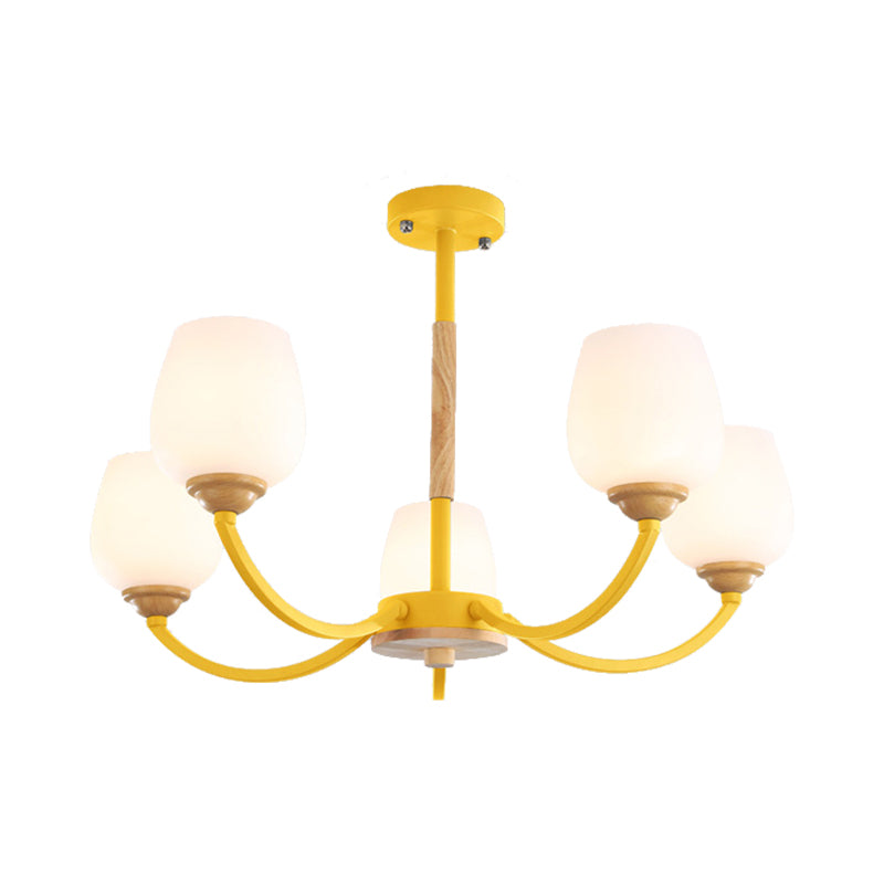 Candy Colored Bud Shade Chandelier Macaron Style Milk Glass & Metal Hanging Light 5 Yellow Clearhalo 'Ceiling Lights' 'Chandeliers' Lighting' options 55718_67641aaa-fe15-48c5-968a-ecd2c8e7ba58