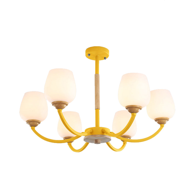Candy Colored Bud Shade Chandelier Macaron Style Milk Glass & Metal Hanging Light 6 Yellow Clearhalo 'Ceiling Lights' 'Chandeliers' Lighting' options 55719_53fc33a4-d59a-4e52-b2a2-c8ffb2778570