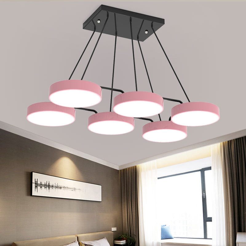 Acrylic Round Shade Chandelier Macaron Stylish Pendant Light for Nursing Room Bedroom 6 Pink Clearhalo 'Ceiling Lights' 'Chandeliers' Lighting' options 55762_e5cc94d3-31ed-414e-bbb9-2a0785eac637