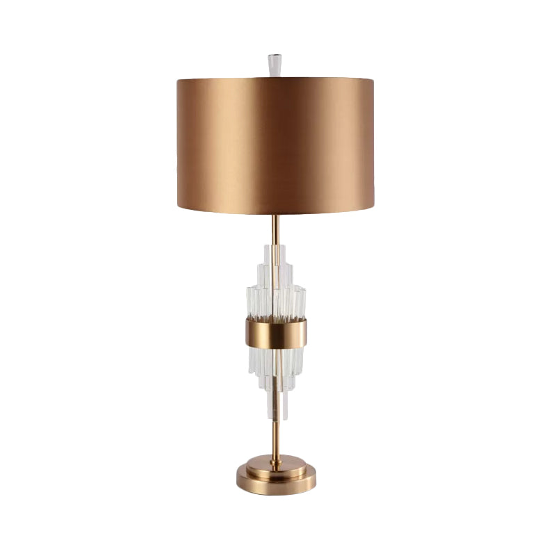 Straight Sided Shade Table Light Modernism Fabric 1 Bulb Small Desk Lamp in Gold with Crystal Bar Clearhalo 'Lamps' 'Table Lamps' Lighting' 559103