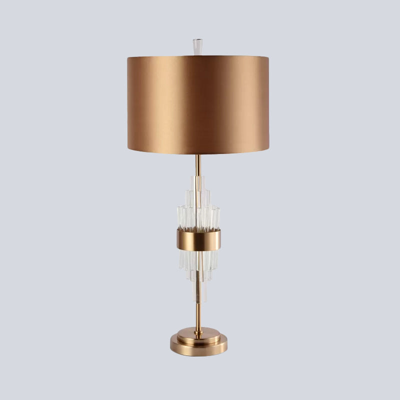 Straight Sided Shade Table Light Modernism Fabric 1 Bulb Small Desk Lamp in Gold with Crystal Bar Clearhalo 'Lamps' 'Table Lamps' Lighting' 559104