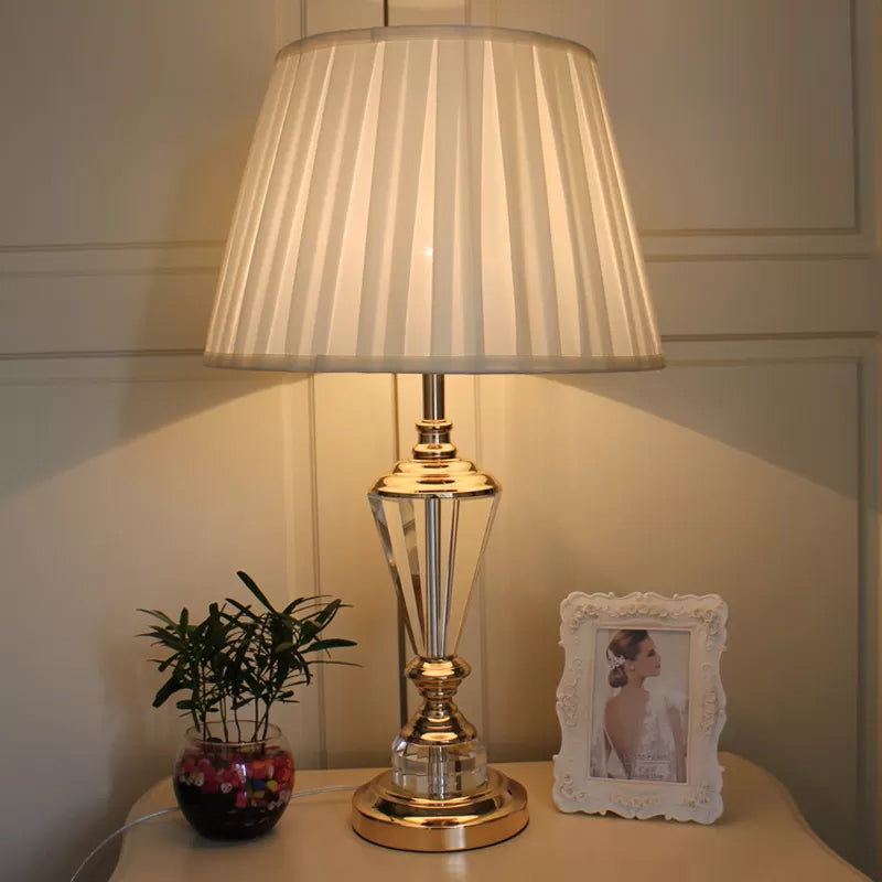 1 Head Tapered Fabric Study Lamp Contemporary Beveled Font Crystal Reading Book Light in White White Clearhalo 'Lamps' 'Table Lamps' Lighting' 559106