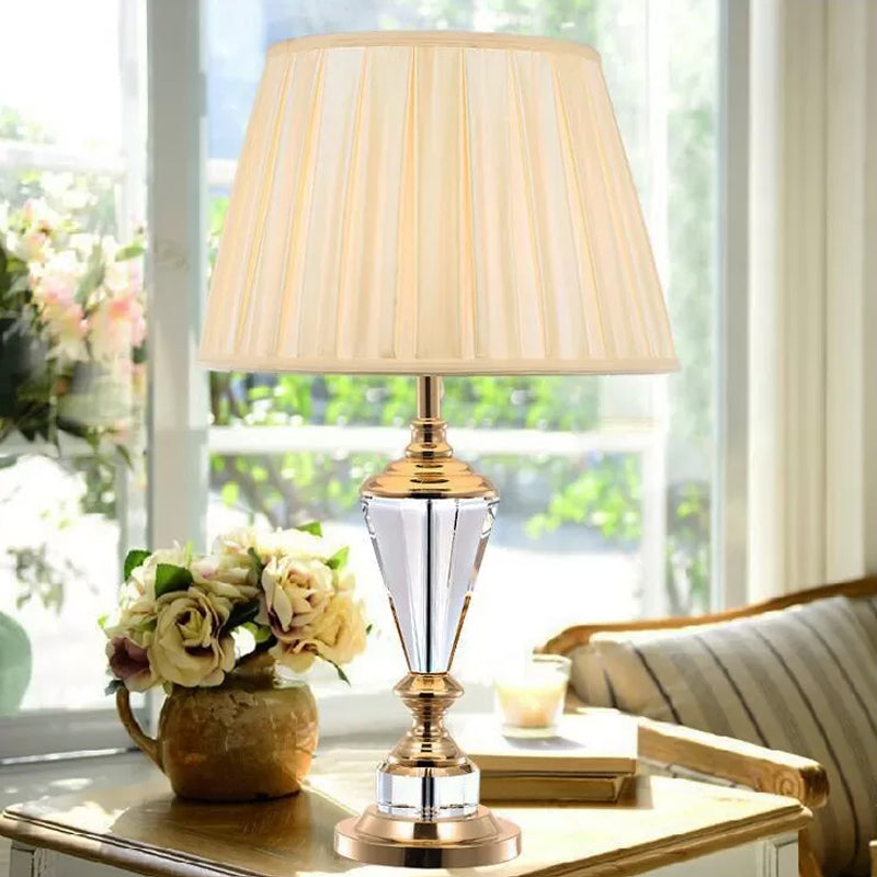 1 Head Tapered Fabric Study Lamp Contemporary Beveled Font Crystal Reading Book Light in White Clearhalo 'Lamps' 'Table Lamps' Lighting' 559107