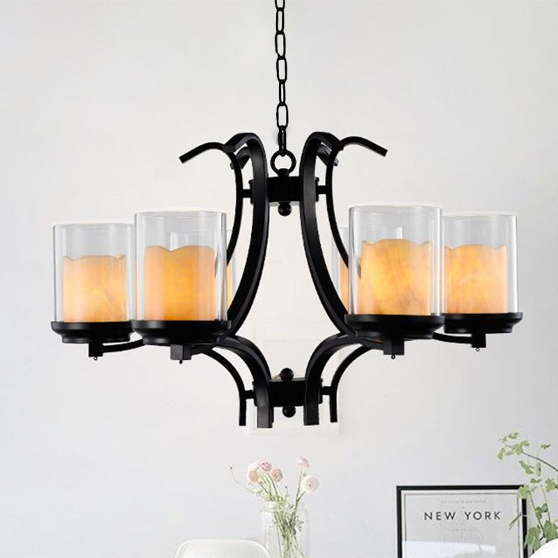 6 Lights Dining Room Ceiling Lamp Country Black Chandelier Light with Cylinder Marble and Clear Glass Shade Clearhalo 'Ceiling Lights' 'Chandeliers' Lighting' options 559116