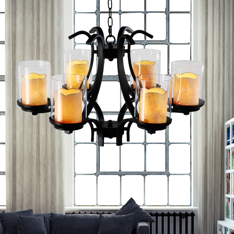 6 Lights Dining Room Ceiling Lamp Country Black Chandelier Light with Cylinder Marble and Clear Glass Shade Clearhalo 'Ceiling Lights' 'Chandeliers' Lighting' options 559117