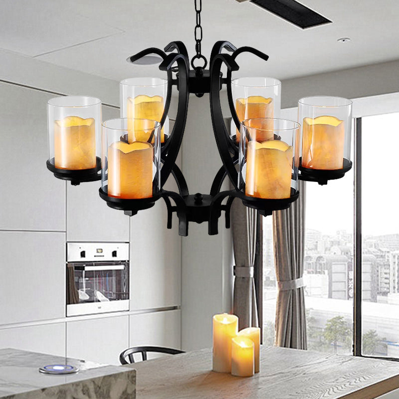 6 Lights Dining Room Ceiling Lamp Country Black Chandelier Light with Cylinder Marble and Clear Glass Shade Clearhalo 'Ceiling Lights' 'Chandeliers' Lighting' options 559118