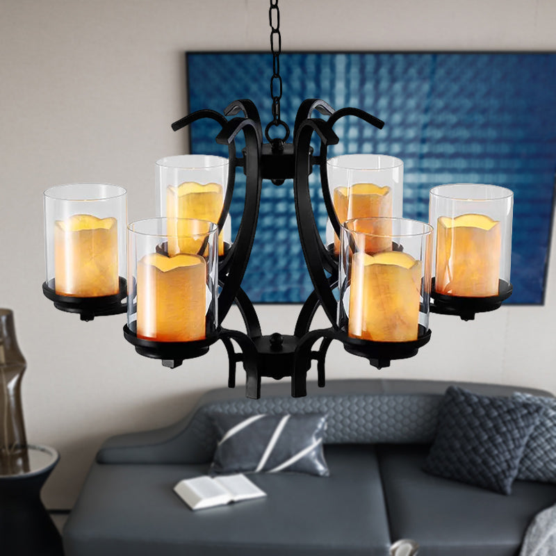 6 Lights Dining Room Ceiling Lamp Country Black Chandelier Light with Cylinder Marble and Clear Glass Shade Clearhalo 'Ceiling Lights' 'Chandeliers' Lighting' options 559119