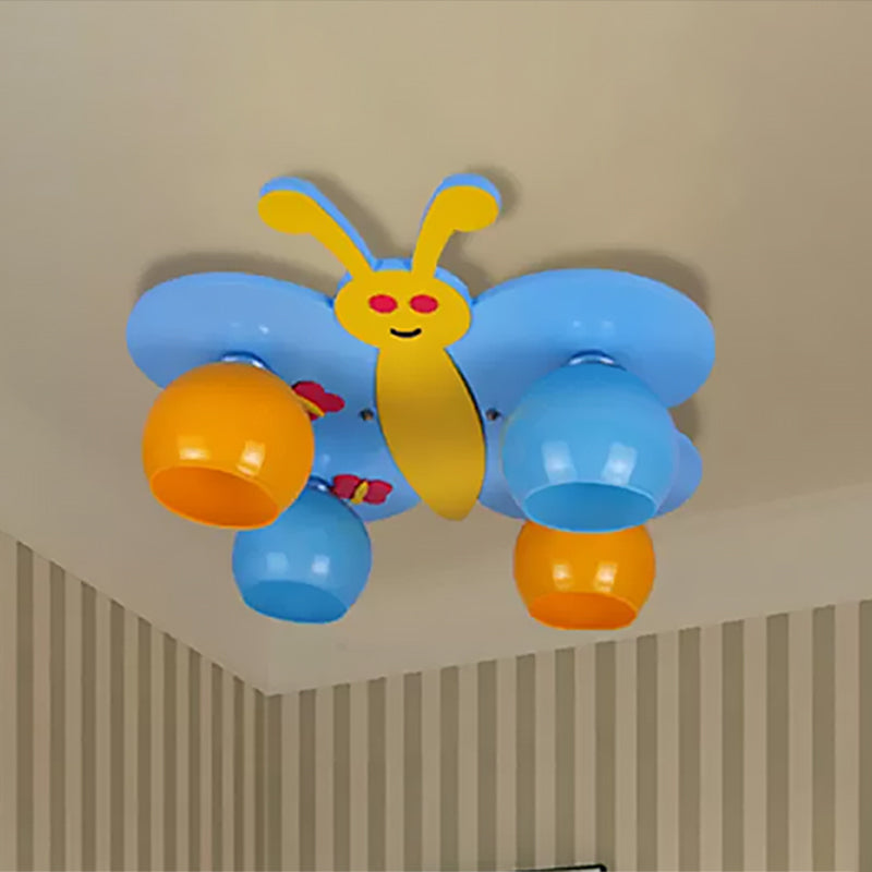 Cartoon Butterfly Flush Ceiling Light Wood 4 Heads Blue Ceiling Lamp for Child Bedroom Clearhalo 'Ceiling Lights' 'Close To Ceiling Lights' 'Close to ceiling' 'Flush mount' Lighting' 559140