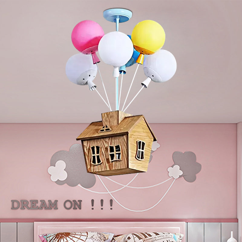 Child Bedroom Little Girls Chandelier with Globe Shade Wood 5 Lights Kids  Pendant Light - Clearhalo