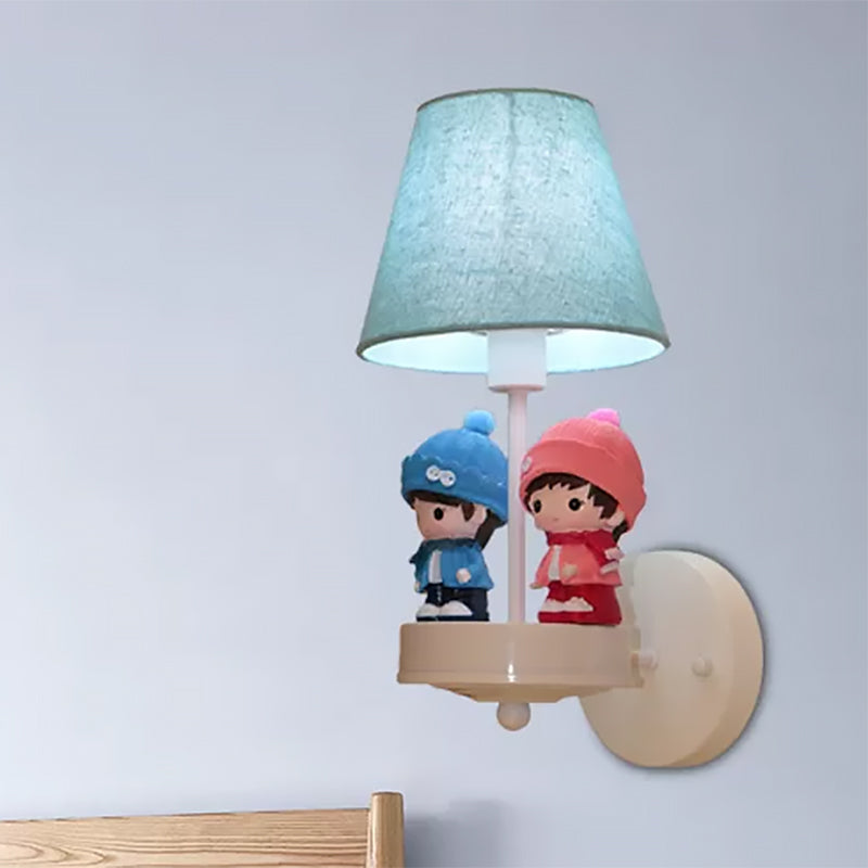 Cartoon Tapered Shade Wall Light with Child Deco Fabric One Light Blue Wall Lamp for Hallway Clearhalo 'Wall Lamps & Sconces' 'Wall Lights' Lighting' 559155