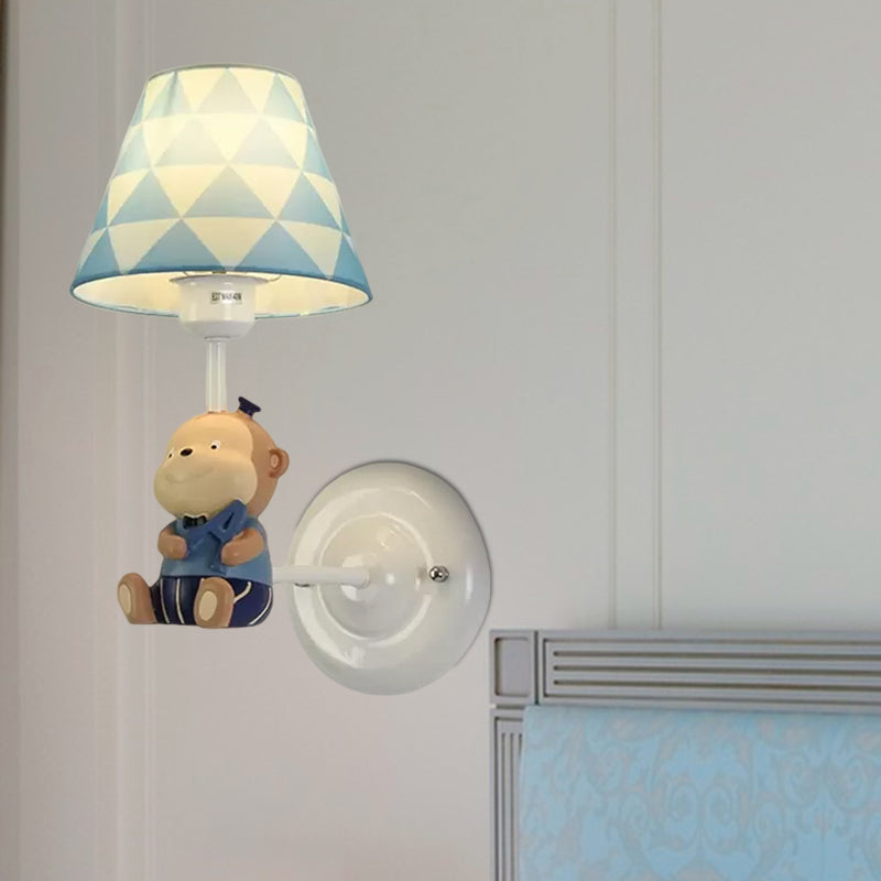 Resin Monkey Sconce Light with Fabric Shade Single Bulb Animal Wall Lamp in Blue for Bedroom Clearhalo 'Wall Lamps & Sconces' 'Wall Lights' Lighting' 559156